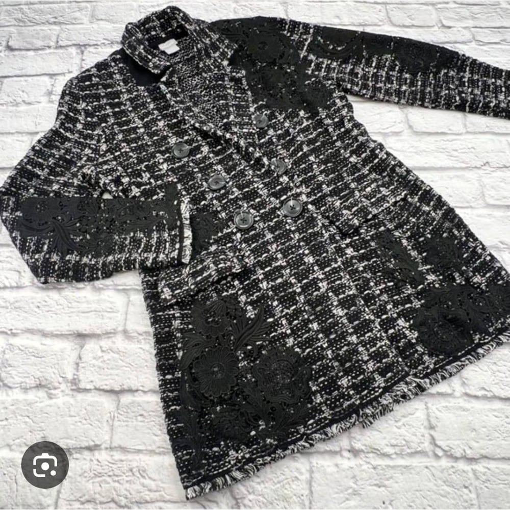 Chicos Black White Tweed Lace Applique Fringe Jacket Double Breasted Size 3 XL‎